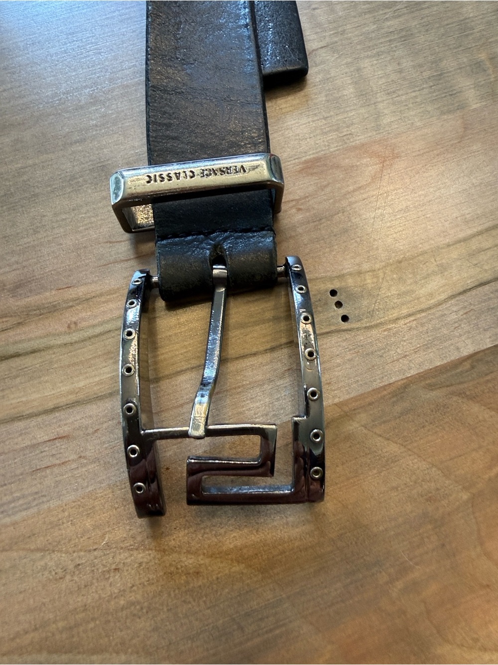 Versace Black Leather Belt with Red Embossed Logo Text